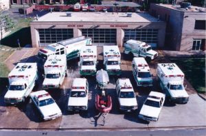Skyview of all the different pieces of apparatus at Sterling Rescue in the past