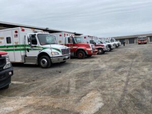 line of ambulances at drill